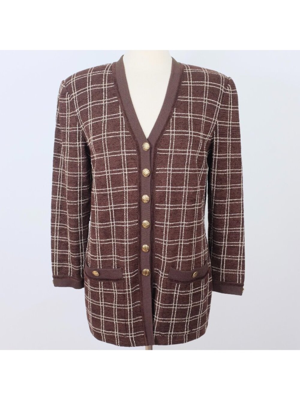 St John Collection Cardigan Jacket sz 8 Soft Chenille Brown Check Gold Buttons